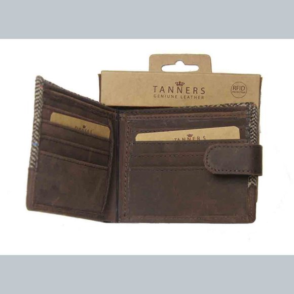 Tanners Cow Hide Leather and Wool Herringbone Bifold Wallet Brown RFID Men's - Picture 2 of 2
